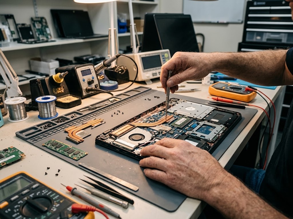 Technician repairing a laptop motherboard on an electronics workbench