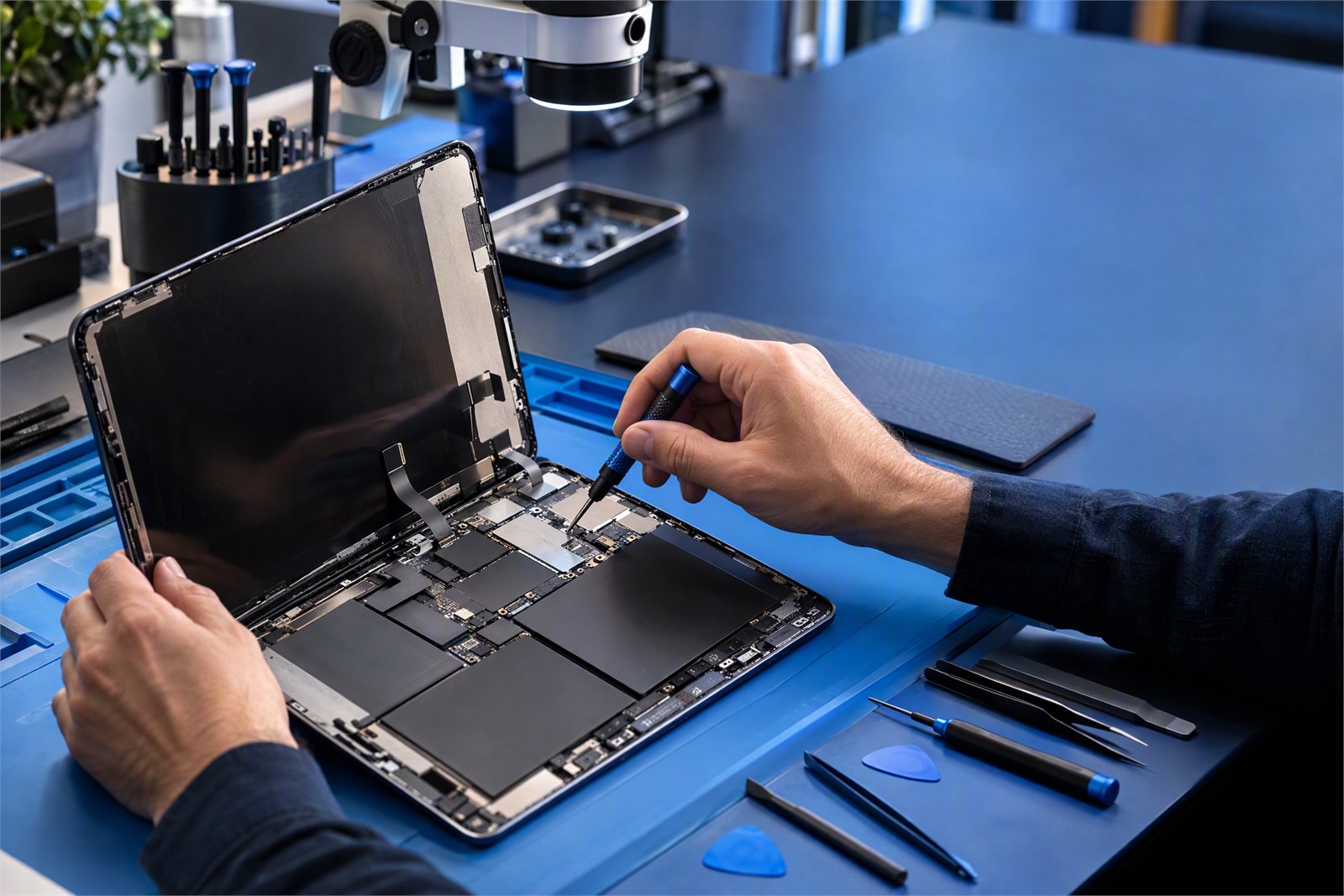 Technician repairing an ipad on an electronics workbench